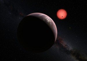Concepção artística do sistema Trappist-1, com três planetas em volta de uma estrela mais fria que o Sol