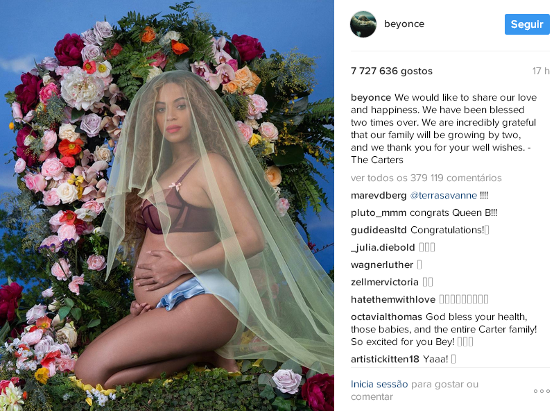 Beyoncé anuncia gravidez de gêmeos e bate recorde no Instagram