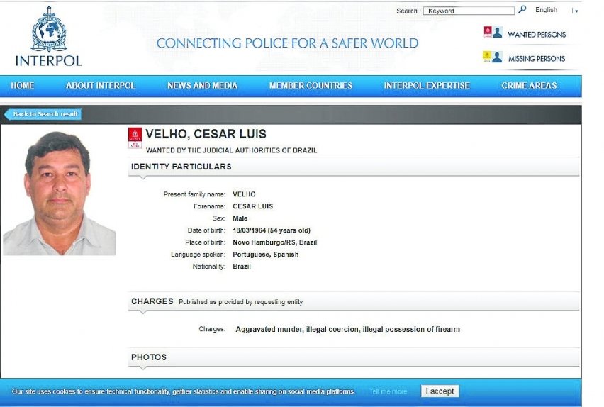 Nome de Cesar Luis Velho aparece na lista dos procurados pelo mundo