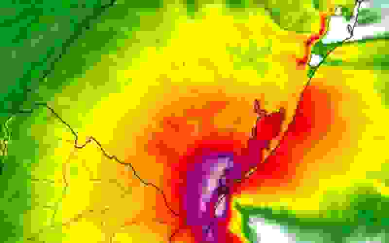 Projeção de vento ajuda a ilustrar a provável trajetória do ciclone junto à costa gaúcha: ingresso será pelo sul nesta terça-feira