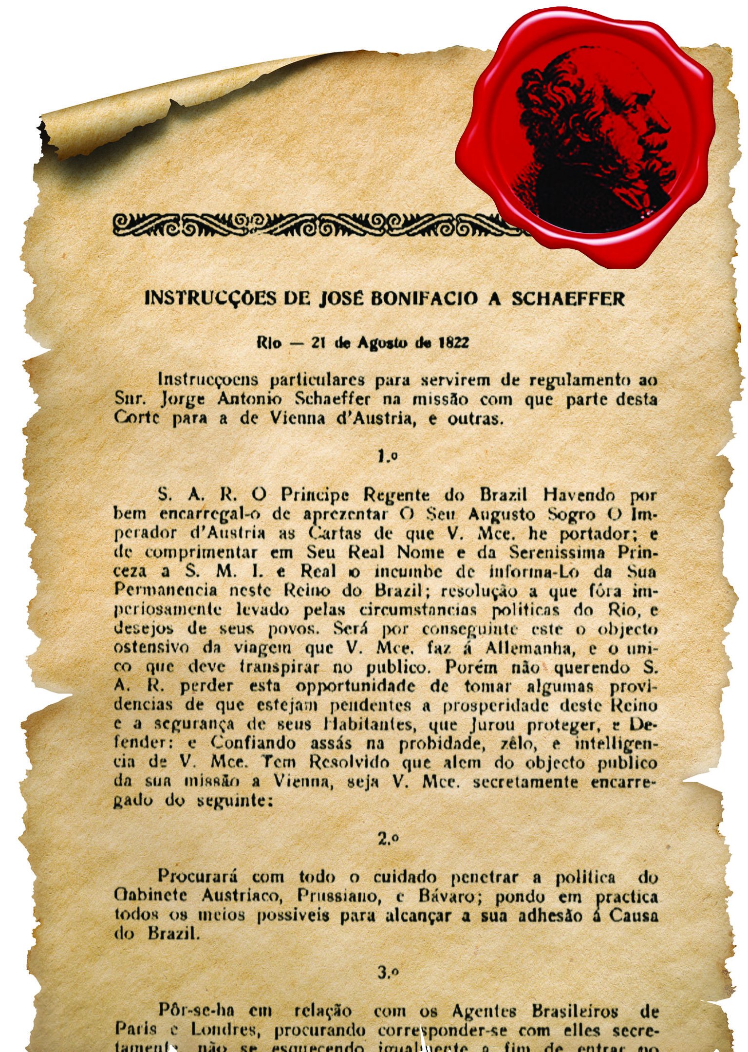 Primeira página das instruções de José Bonifácio ao major Schaeffer, no Arquivo Diplomático da Independência do Ministério das Relações Exteriores