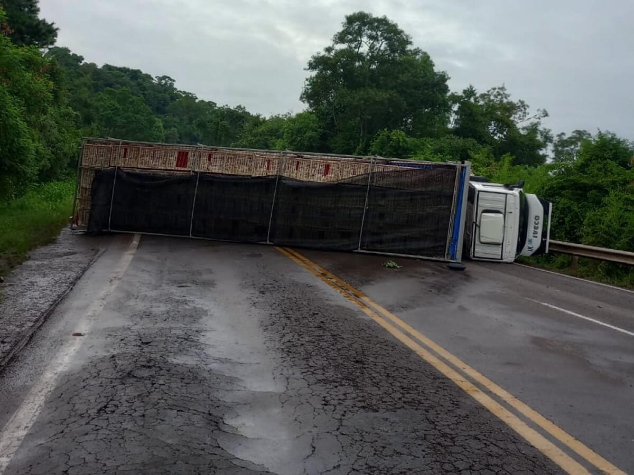 Carreta tomba e interrompe trânsito na BR-470, na Serra