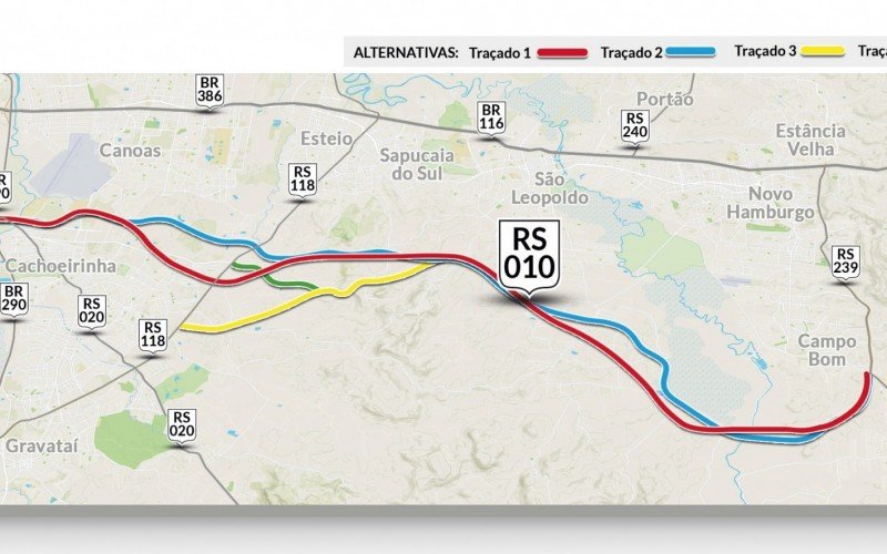 Mapa mostra opções de traçado da RS-010, entre a capital e Campo Bom