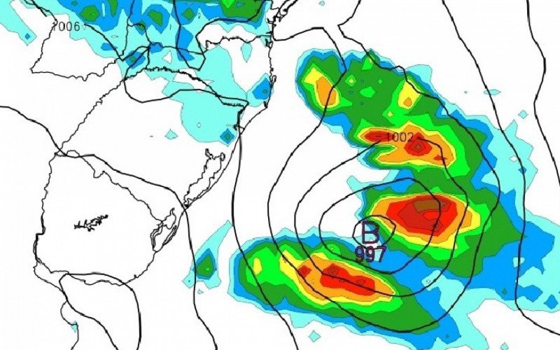 Um dos ciclones desta semana vai se formar na costa do Rio Grande do Sul, empurrando ar frio para o continente