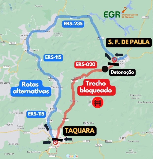 Desvios da RS-020 que terá trecho bloqueado em São Francisco de Paula na segunda-feira (15)