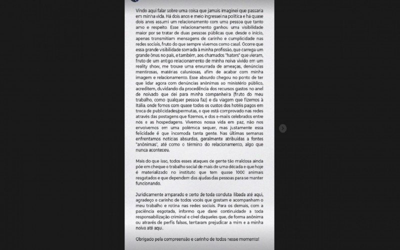deputado federal Felipe Becari comenta investigaÃ§Ã£o de anel de noivado nas redes sociais