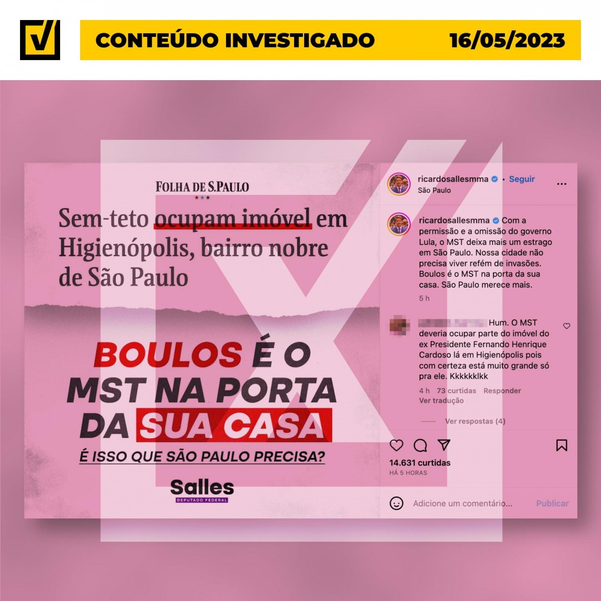 Post de deputado engana ao associar ocupação em Higienópolis, bairro de São Paulo, a Boulos, MST e Lula