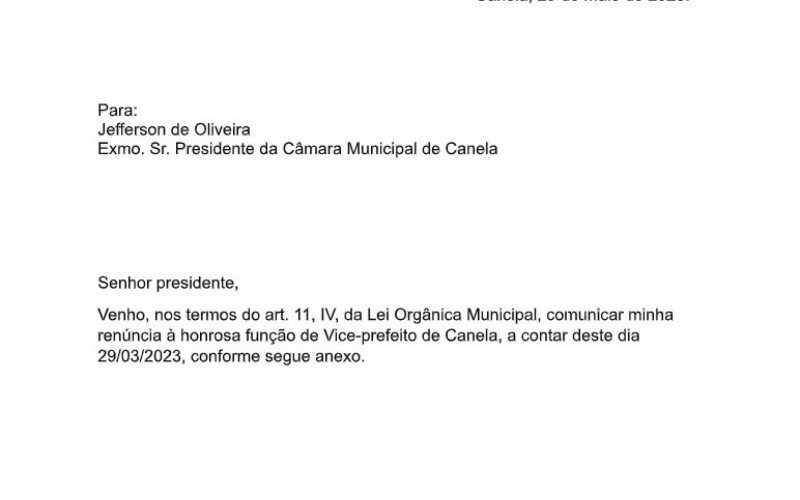 Carta de renúncia do vice-prefeito de Canela entregue ao Legislativo Municipal