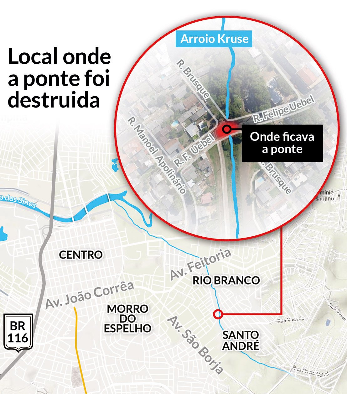 mapa ponte destruida arroio Kruse