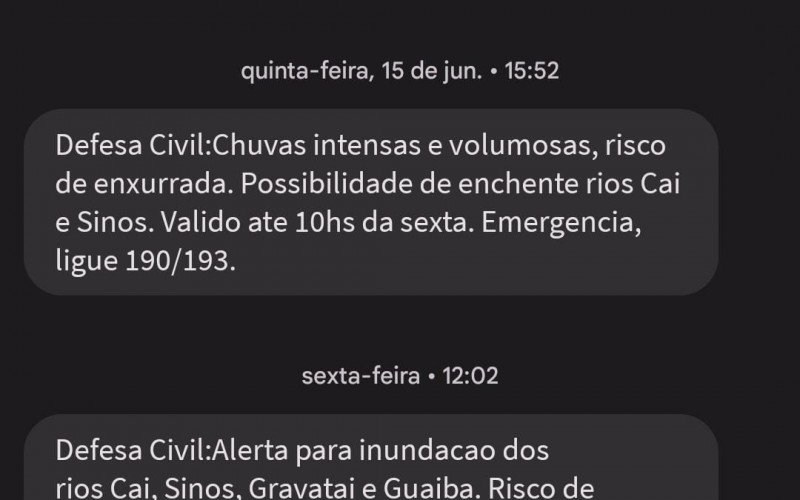 Os alertas encaminhados por SMS pela Defesa Civil do Estado à população