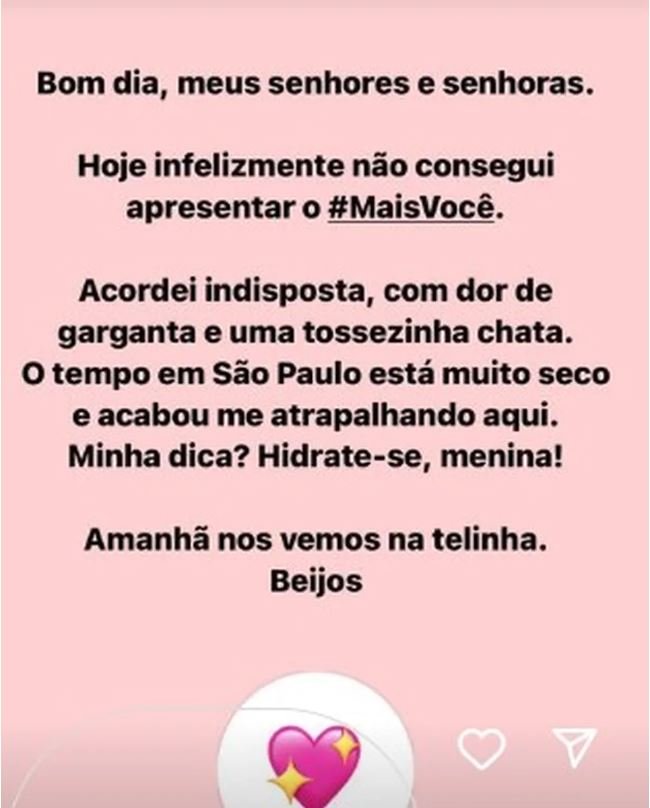 Ana Maria Braga compartilha motivo de ausência no programa na manhã de hoje | Jornal NH
