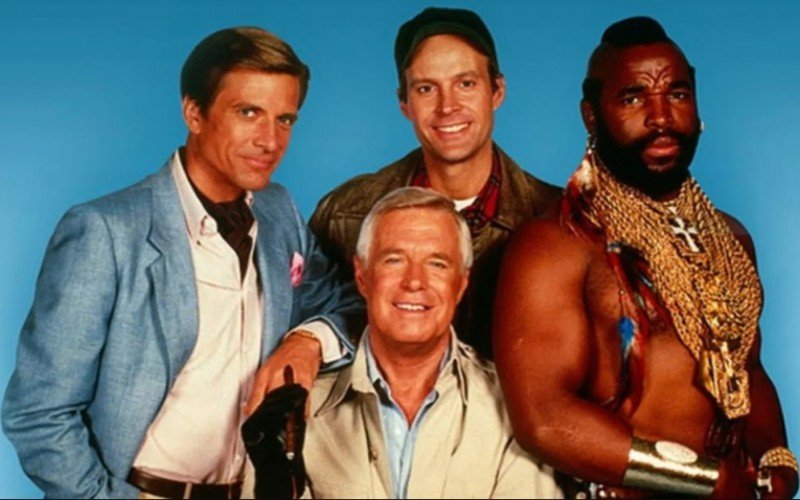 O elenco do Esquadrão Classe A (The A-Team): Dirk Bennedict, George Peppard, Dwight Schultz e Mr. T. | Jornal NH