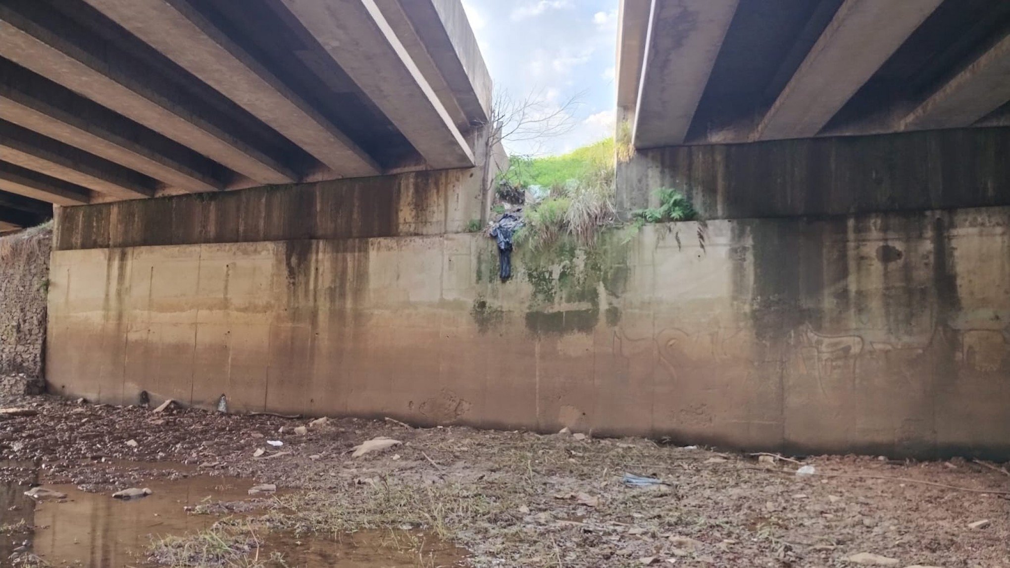 Muro de contenção da cabeceira norte da ponte sobre a várzea do Rio dos Sinos (o muro que desabou do lado sul era semelhante a este)