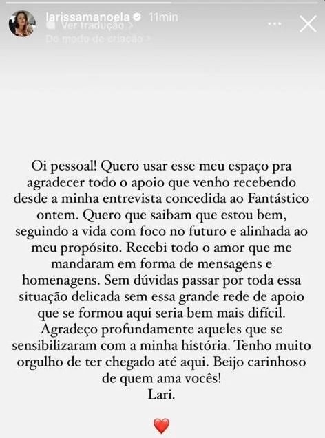 Larissa Manoela posta mensagem nas redes sociais após entrevista no Fantástico | abc+