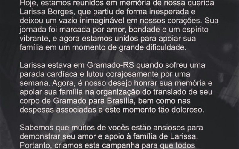 Postagem no Instagram de Larissa Borges, com campanha para obter recursos para traslado do corpo