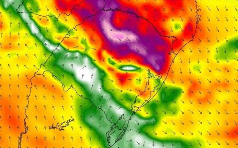 Mapa mostra, em lilás, onde deve ventar mais forte nesta segunda no RS | Jornal NH