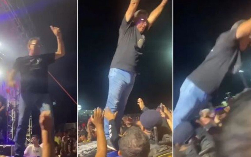 Prefeito se anima e se joga na plateia, mas cai no chão | Jornal NH