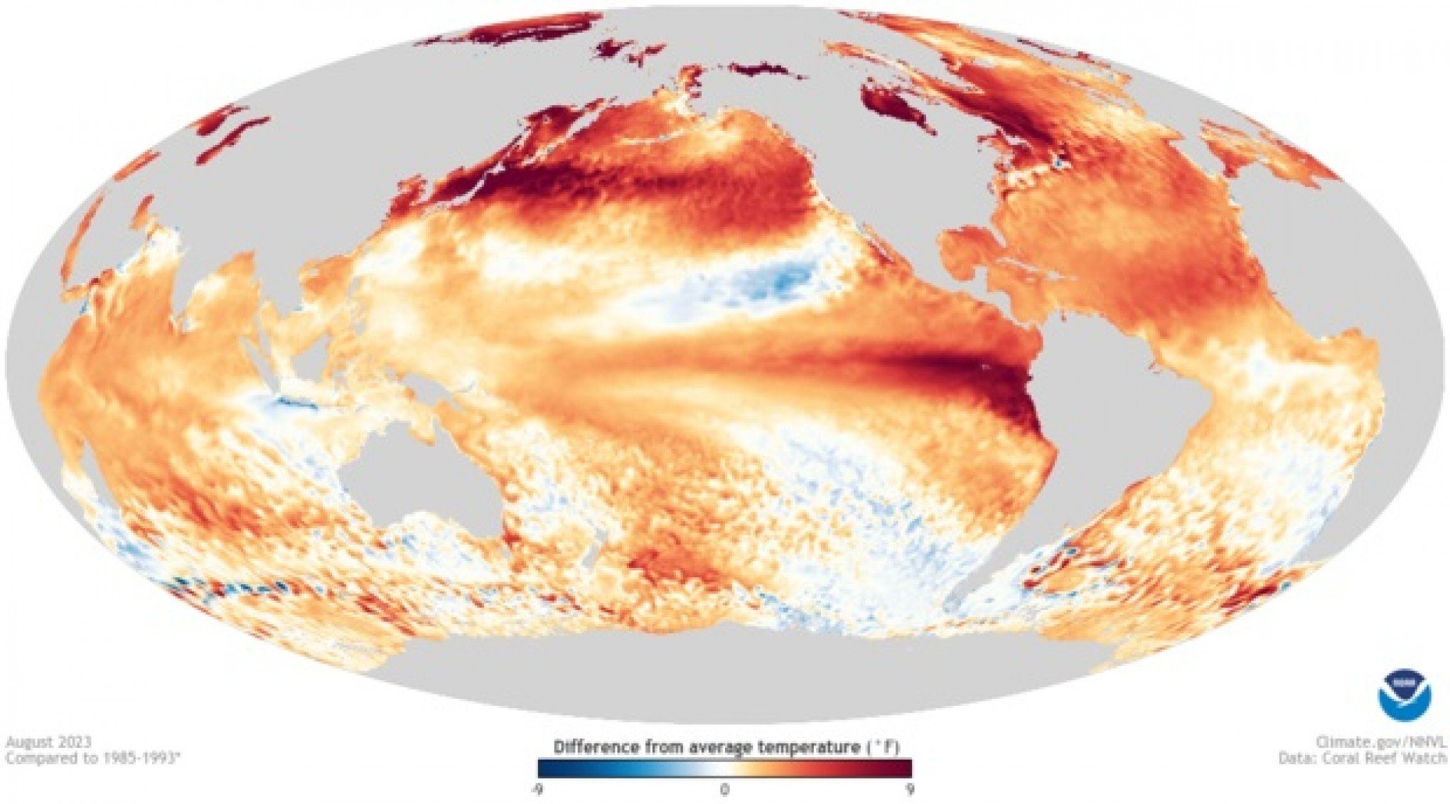 Diferença de temperatura da superfície do mar em agosto de 2023 em relação à média de 1985-1993 | Jornal NH