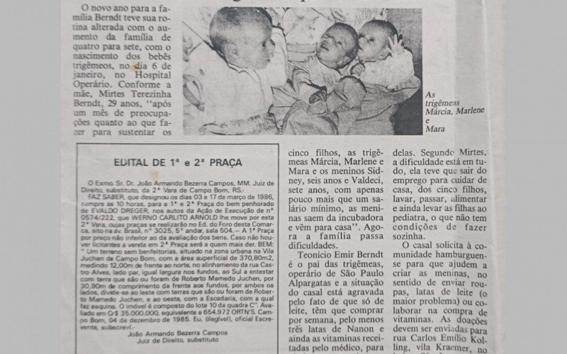 Trigêmeas apareceram novamente no Jornal NH, desta vez pedindo apoio para os mantimentos de dentro de casa. Mãe guarda as reportagens até hoje | Jornal NH