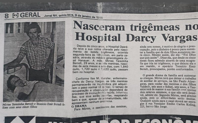 Trigêmeas estamparam o Jornal NH no dia 9 de janeiro de 1986, dois dias após o nascimento | Jornal NH