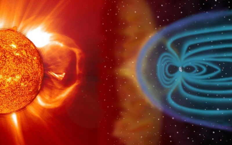 Na ilustração, a Ejeção de Massa Coronal (EMC) envia plasma e ondas magnéticas (vermelho e laranja), alcançando os campos magnéticos da Terra (azul) | Jornal NH