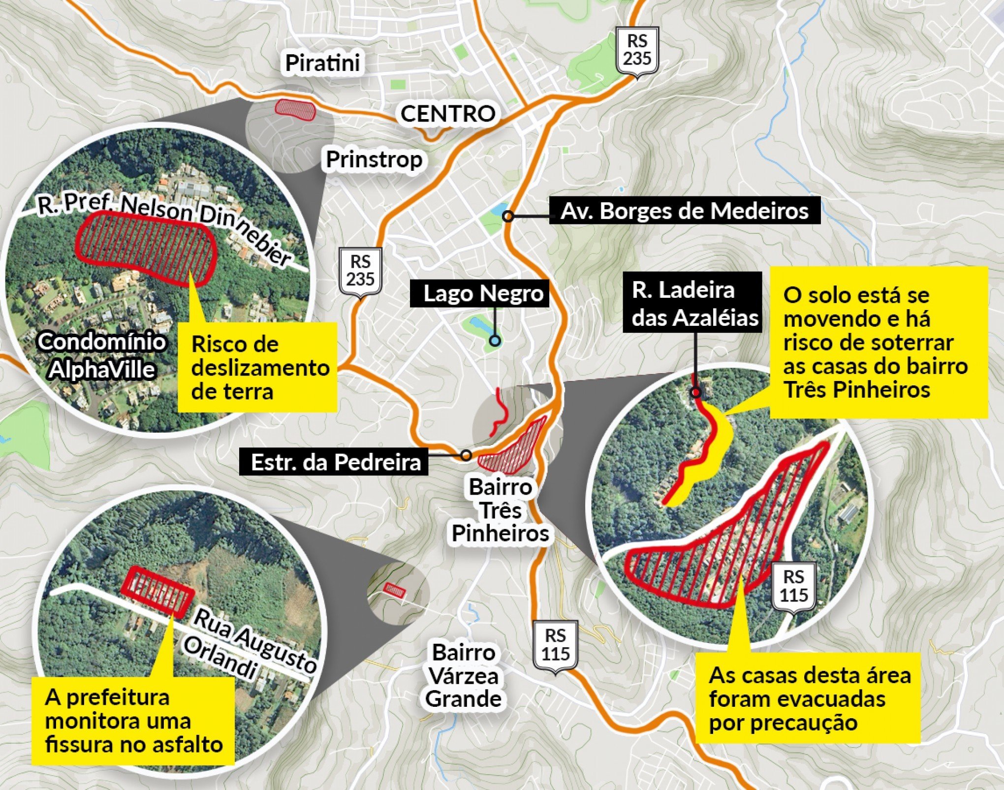 Mapa mostra os locais com risco de deslizamentos de terra em Gramado