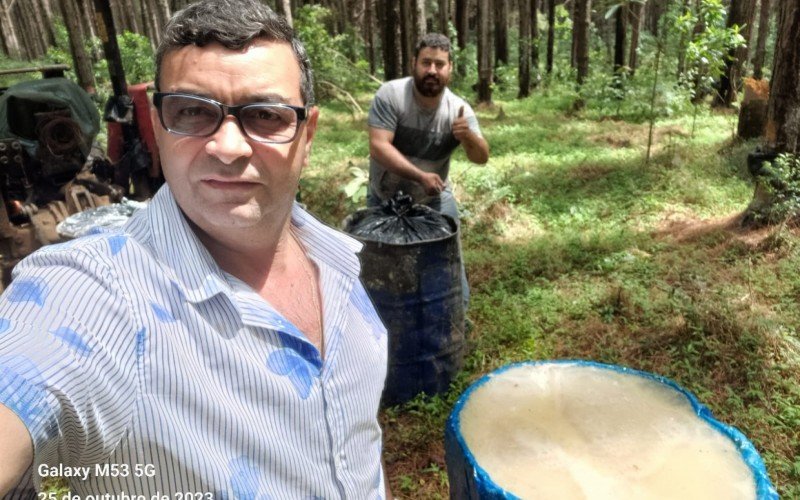 Geilson Teixeira Guimarães e o filho Jeferson Oliveira Guimarães em uma das florestas de Pinus que a família extrai resina | Jornal NH