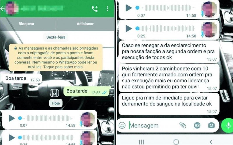 Depois dos áudios, o vigarista envia textos em que reforça a intenção de negociar com a vítima o cancelamento da vingança (a foto e o número do telefone são ocultados porque podem estar sendo usados contato e imagem de pessoa não relacionada ao crime) | Jornal NH