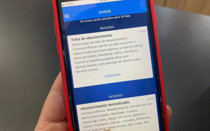 Avisos de falta de abastecimento no aplicativo da Comusa | Jornal NH
