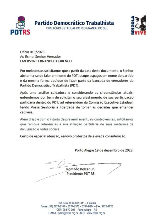 No ofício, 019/2023, assinado pelo presidente do PDT gaúcho, Romildo Bolzan Júnior, a legenda solicita que o parlamentar deixei de falar em nome da legenda | Jornal NH