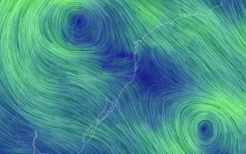 Mapa de vento em 500 hPa (cerca de 5 mil metros) mostra vórtice ciclônico em médios e altos níveis sobre o Sul do Brasil | abc+