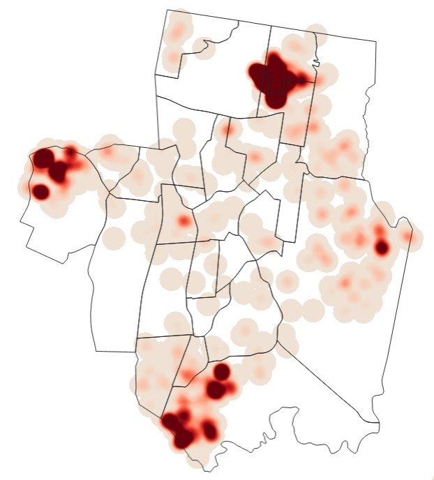 Manchas vermelhas mostram locais com maior incidência de focos da dengue no mapa de Novo Hamburgo: Vila Diehl, ao norte; Canudos, no leste; Boa Saúde, no oeste; e Santo Afonso, no sul | abc+