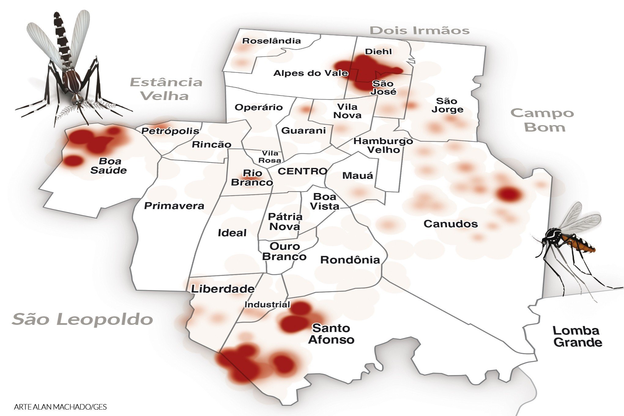 DENGUE: Confira o mapa de onde estão os focos da doença em Novo Hamburgo