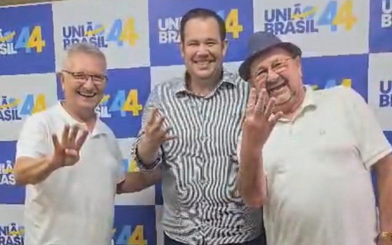 Busato, Lüders e Classmann em vídeo anunciando filiação do vice-prefeito de Novo Hamburgo ao União Brasil | abc+