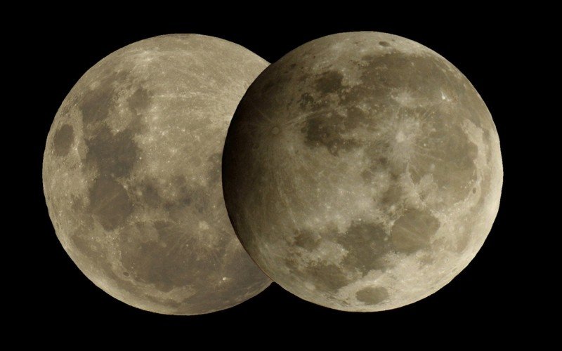 Na foto, a Lua as 20h com mais luminosidade e a Lua as 04:13h com realce dos Mares | abc+