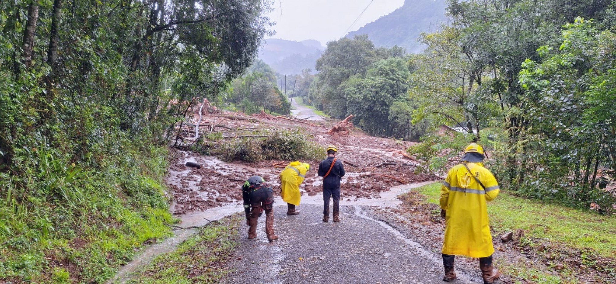 Pessoas que seguiam no entorno de local onde houve desmoronamento de terra na RS-122 são resgatadas