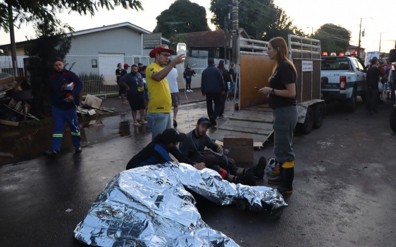 Cavalo recebe os primeiros socorros na rua México, após ser resgatado da enchente