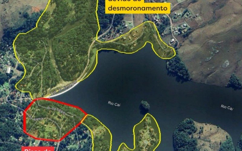 Na segunda-feira, a prefeitura de São Francisco de Paula publicou um mapa que mostra que havia risco de deslizamento de encosta junto à barragem, provocando onda às margens do reservatório. | abc+