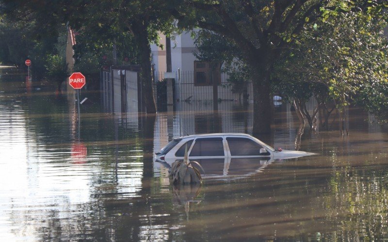 Água ainda deixa casas e carros imersos na água ao lado da BR-116 em São Leopoldo