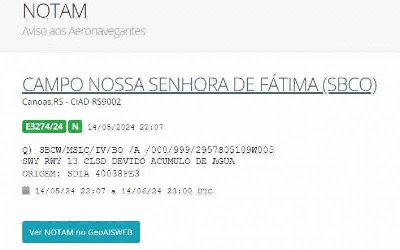 Notam informa sobre presença de água nas proximidades da pista da Base Aérea de Canoas | abc+