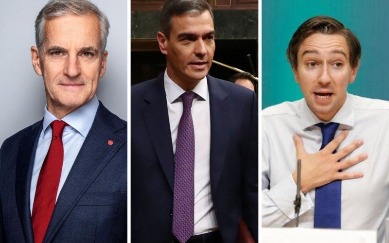 Na ordem, primeiro-ministro da Noruega Jonas Gahr Støre, presidente da Espanha  Pedro Sánchez e primeiro-ministro da Irlanda Simon Harris    | abc+