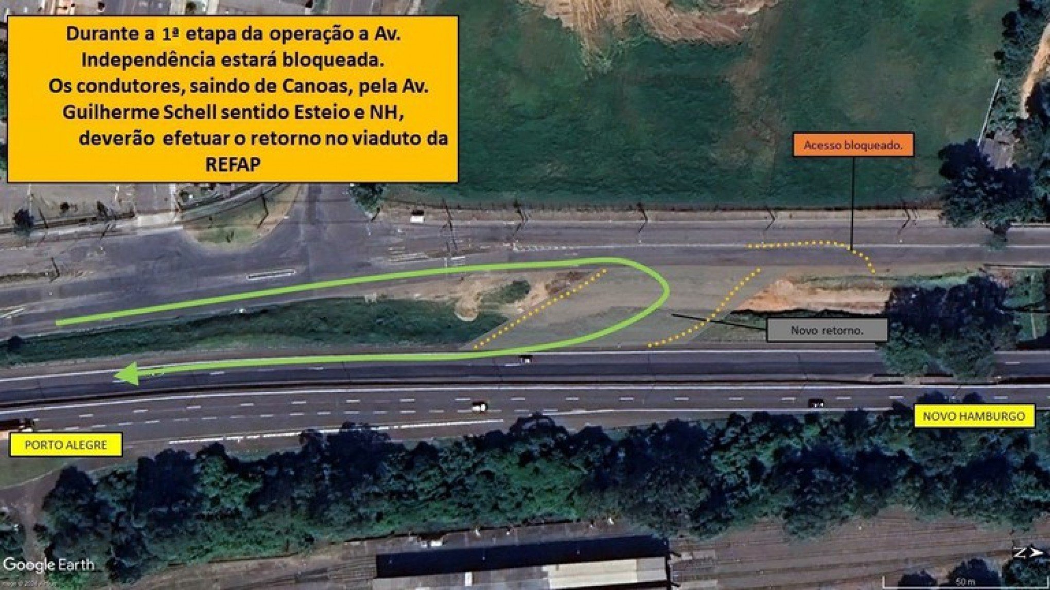 Detalhes do acesso à BR-116/RS e retorno para Novo Hamburgo pelo viaduto da REFAP 