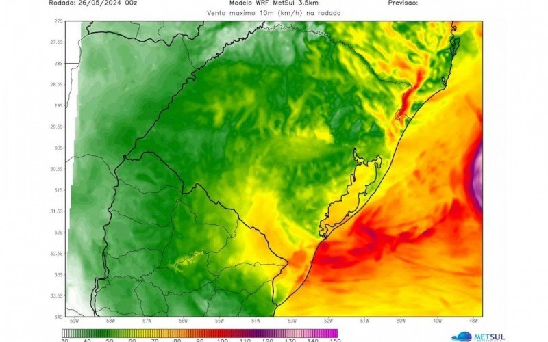 Mapa mostra o vento máximo pelo modelo WRF até 21 horas desta terça-feira, de acordo com a MetSul | abc+