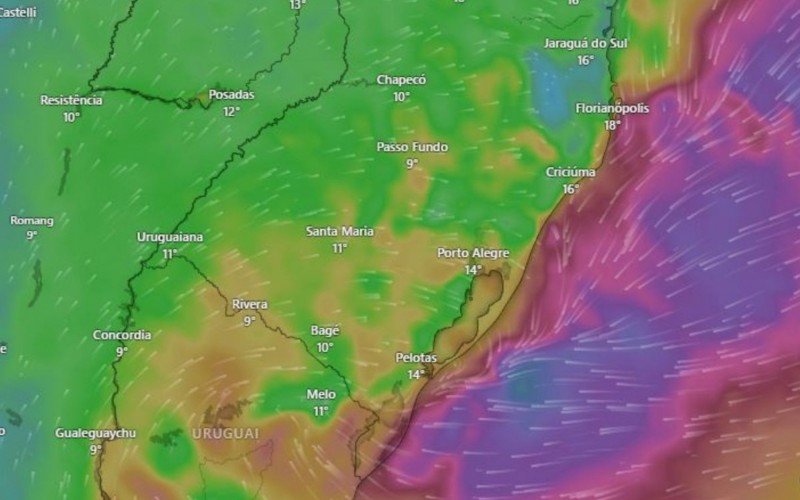 O ciclone estava próximo de Melo, no Uruguai, nesta segunda-feira, às 19 horas, de acordo com gráficos do Windy | abc+