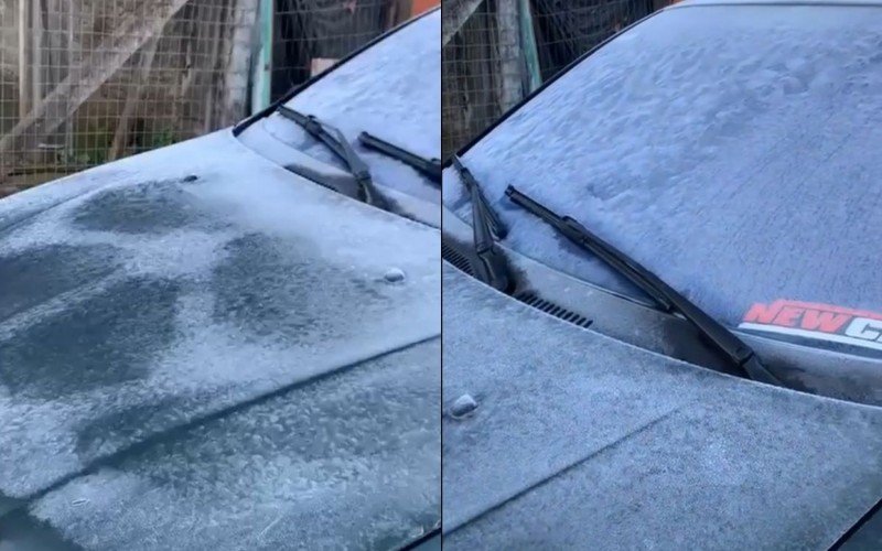 Frio criou camada de gelo em carro em Igrejinha