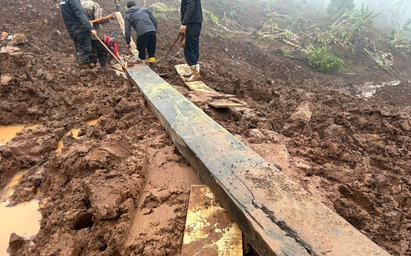 Moradores e voluntários constroem caminho sobre a lama para acessar local