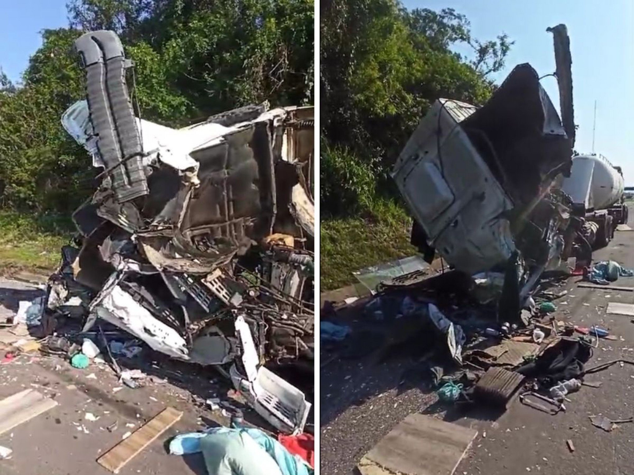 VÍDEO: Veículo fica destruído após bater na traseira de caminhão na BR-101