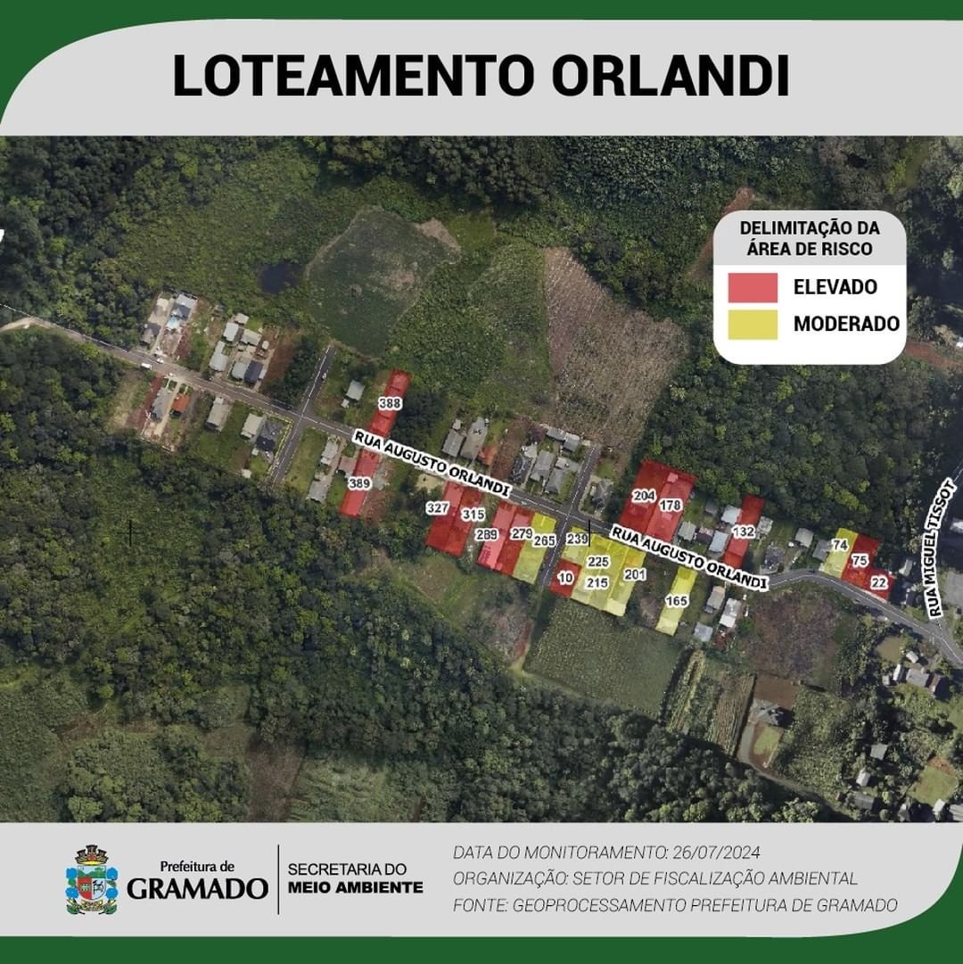 Mapa mostra desinterdição de casas no Loteamento Orlandi, em Gramado