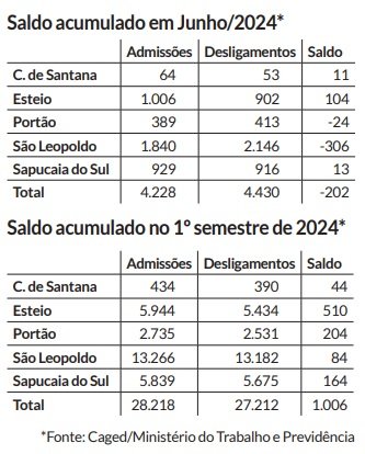 Tabelas mostram dados do Caged em junho de 2024 e no acumulado do ano