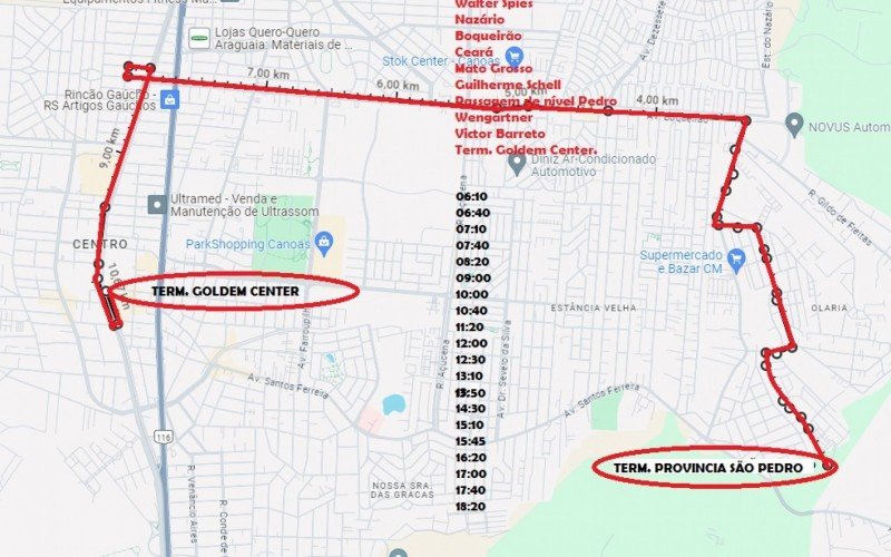 Itinerário da linha de ônibus Província de São Pedro no sentido bairro/centro